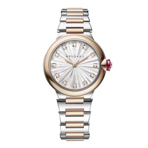 LVCEA OROLOGIO QUADRANTE INTARSIATO IN MADREPERLA BIANCA FIBBIA DÉPLOYANTE IN ORO ROSA 18 KT E ACCIAIO 33 MM