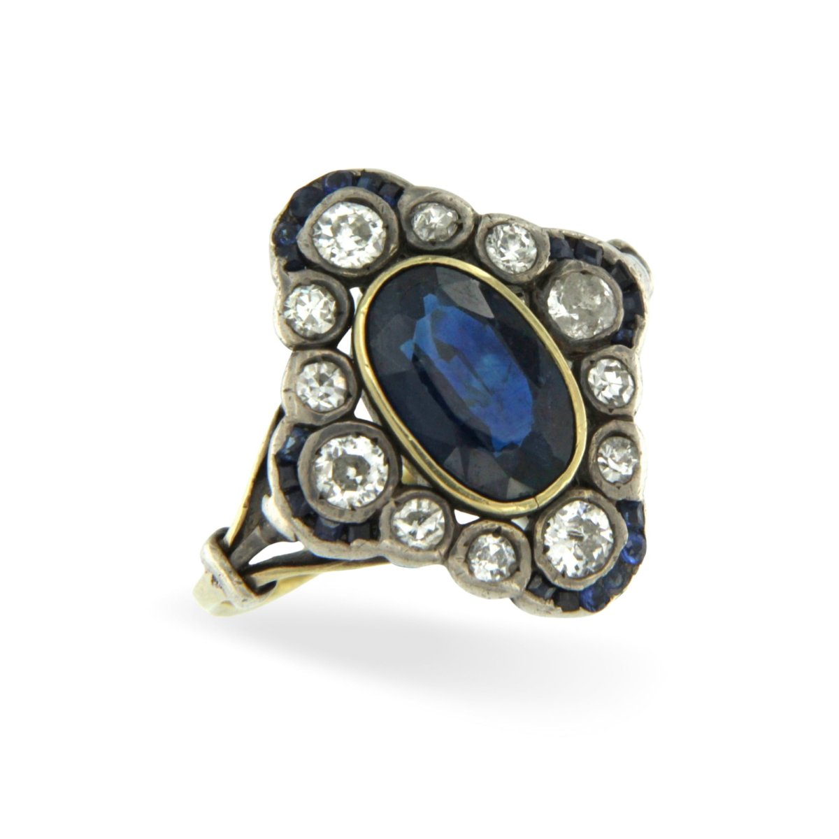 Anello con diamanti taglio vecchio e zaffiro blu Vintage