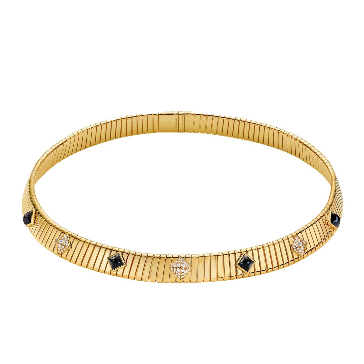 Bvlgari Tubogas Collana oro giallo borchie pavé di diamanti onice nera