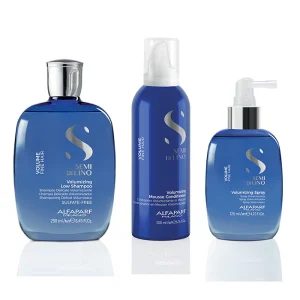 Alfaparf semi di lino volume shampoo volumizing 250 ml-mousse conditioner 200 ml e spray 125 ml - trattamento capelli fini e sottili