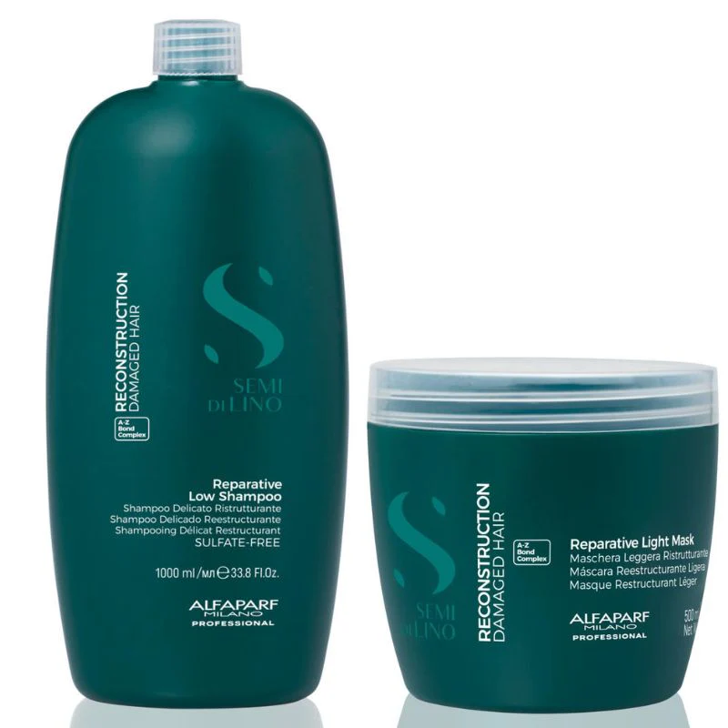 Alfaparf semi di lino reconstruction light shampoo 1000 ml e maschera 500 ml – nutrimento per capelli danneggiati fini. Grande formato