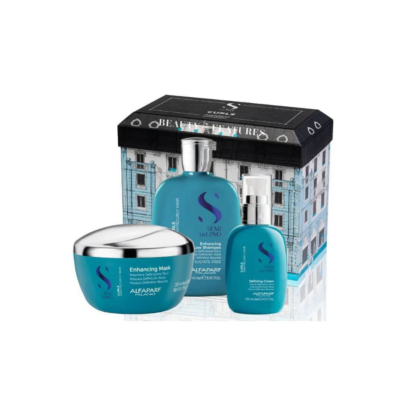 Alfaparf semi di lino curl gift set shampoo 250 ml-mask 200 ml e cream 125 ml – trattamento per capelli ricci
