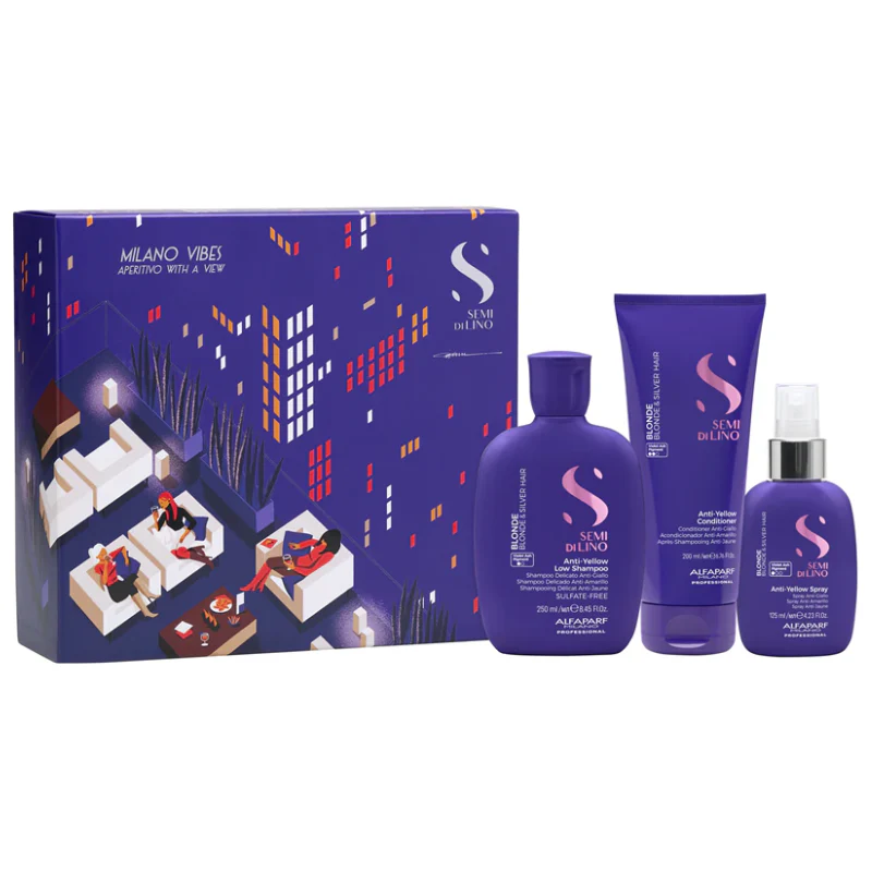 Alfaparf semi di lino blonde kit anti-yellow shampoo 250 ml – conditioner 200 ml e spray 125 ml – trattamento antigiallo