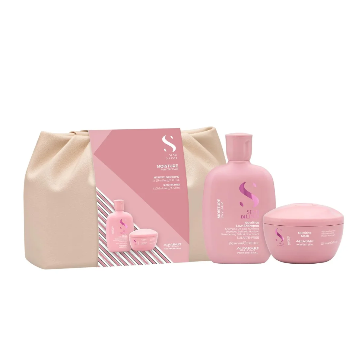 Alfaparf semi di lino Duo Kit CON POCHETTE moisture shampoo 250 ml e maschera 200 ml – super idratazione per capelli secchi