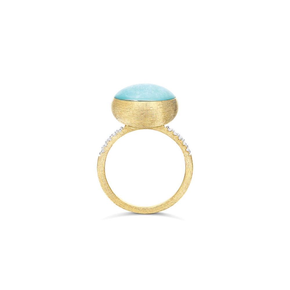 ANELLO BOULES MEDIO ANICE DIAMANTI CRISTALLO DI ROCCA E AMAZONITE ORO GIALLO
