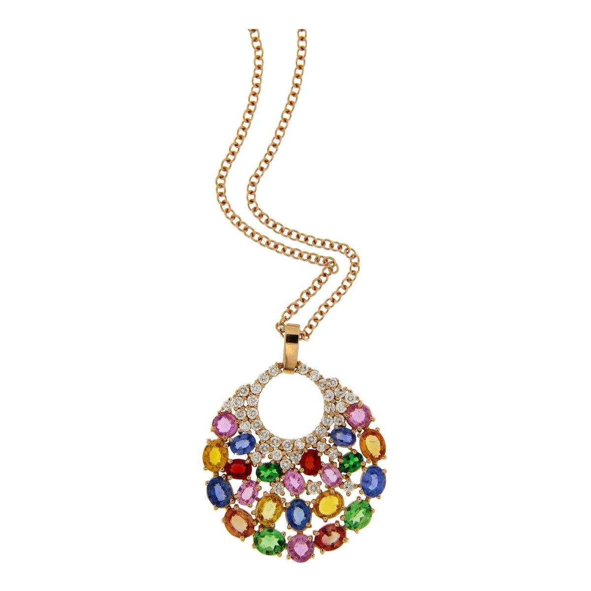 Collana in oro rosa ciondolo grande con zaffiri multicolor e tzavorite