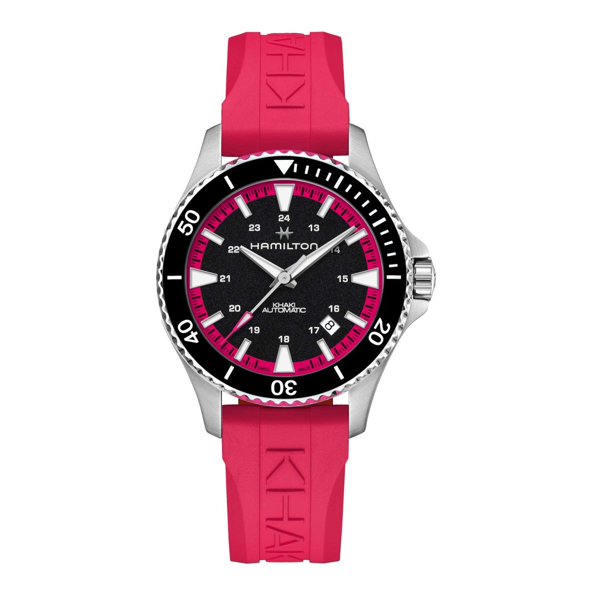KHAKI NAVY SCUBA AUTO  cinturino in caucciù rosa acceso e quadrante nero a contrasto 40 MM