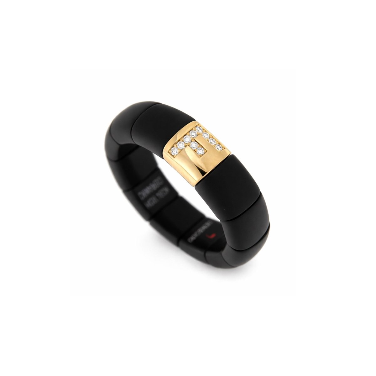 Anello ceramica high tech nera opaca elemento F oro giallo e brillanti