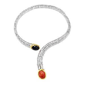 COLLANA TUBOGAS ARGENTO FILI ORO DUE PIETRE ONICE E CORALLO