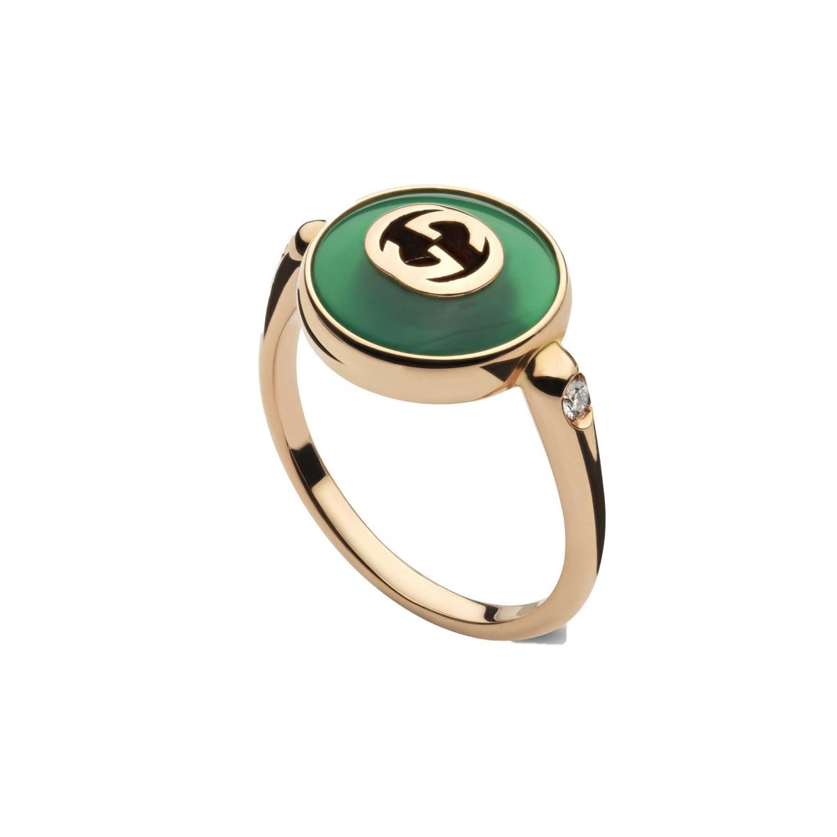 ANELLO GUCCI INTERLOCKING IN ORO GIALLO CON AGATA VERDE E DIAMANTI 0,042 CT